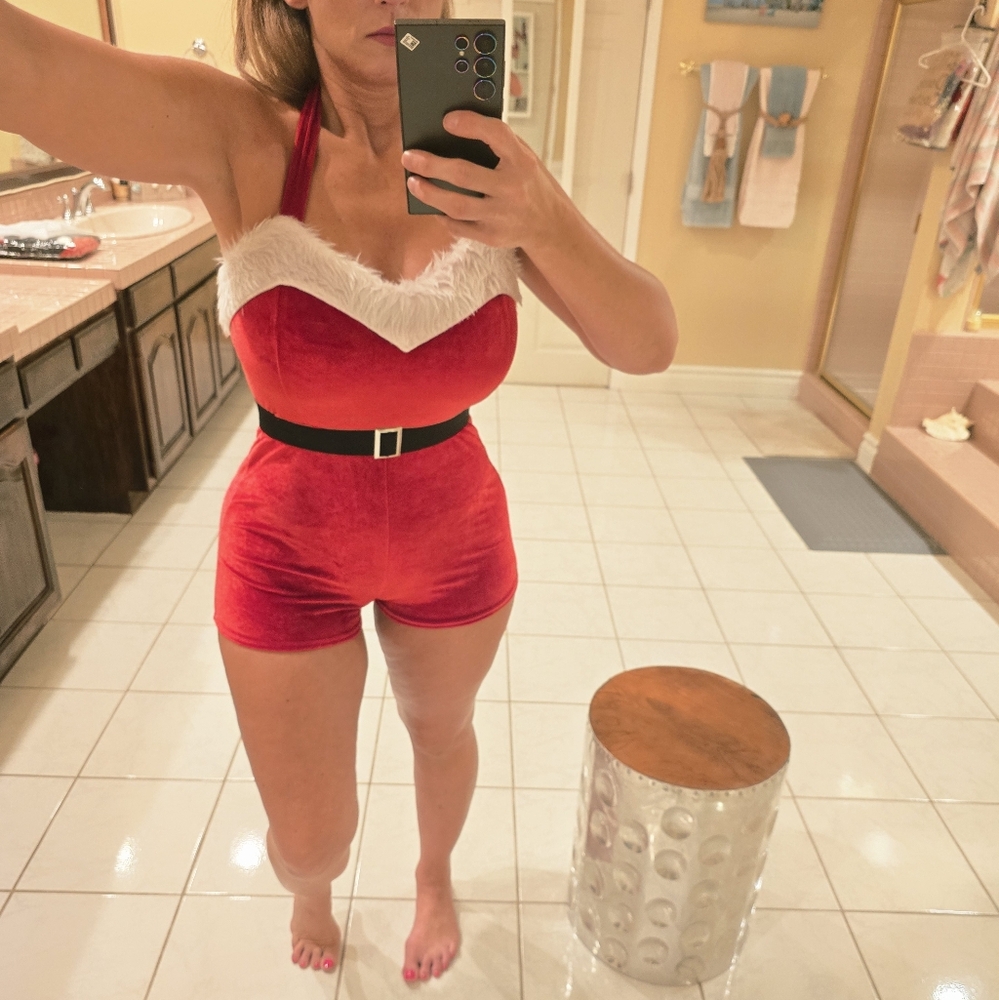 Red Santa-Inspired Halter Neck Romper with White Trim And BELT